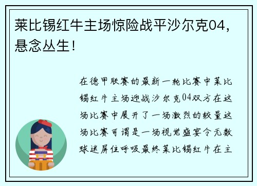 莱比锡红牛主场惊险战平沙尔克04，悬念丛生！