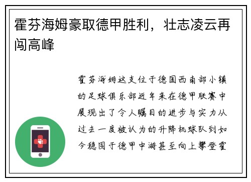 霍芬海姆豪取德甲胜利，壮志凌云再闯高峰