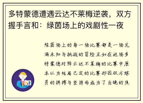 多特蒙德遭遇云达不莱梅逆袭，双方握手言和：绿茵场上的戏剧性一夜