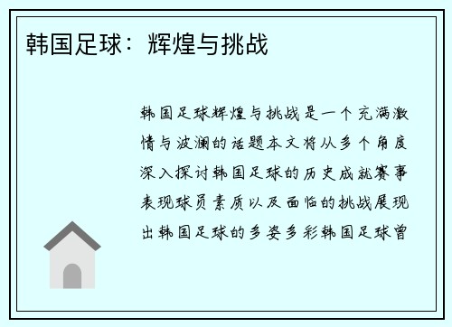 韩国足球：辉煌与挑战